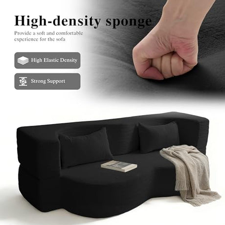 LIANGFU 78 Inch 2-in-1 Convertible Sofa,Futon Folding Sofa Bed,Pull Out Sofa Bed Boneless Couch with 2 Pilow,oveseat Sleeper Floor Sofa for Bedroom Living Room Office, Apartment(Teddy, Black) LIANGFU