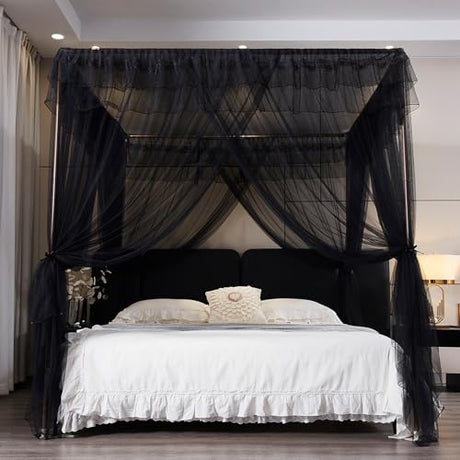 Kertnic Black Canopy Bed Curtains for Girls & Adults, Queen King Bed Canopy Drapes Netting, Practical Mosquito Net for Bed (King- 86" W*78" L*82" H) Kertnic