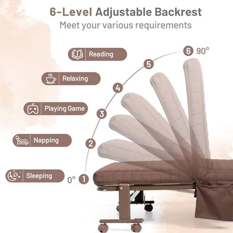 KOMFOTT Folding Rollaway Bed with Mattress for Adults, Portable Guest Bed with 6 Positions Adjustable Backrest, Foldable Reinforced Steel Frame Rolling Bed with Side Storage Pocket KOMFOTT