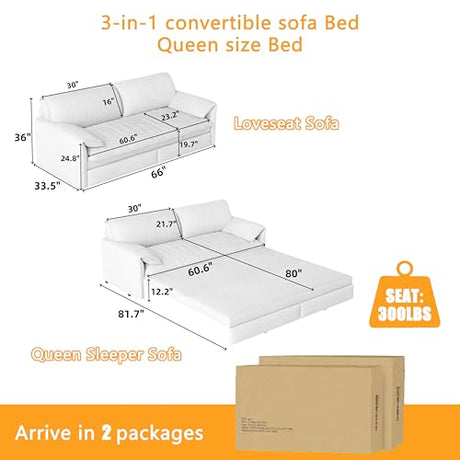 UPYOOE 63.8" Futon Sofa Bed Queen Size, Pull Out Bed, 3-in-1 Convertible Sleeper Sofa with Side Pocket, Modern Velvet Futon Couch for Living Room, Small Space, Apartment, Bedroom, Beige UPYOOE