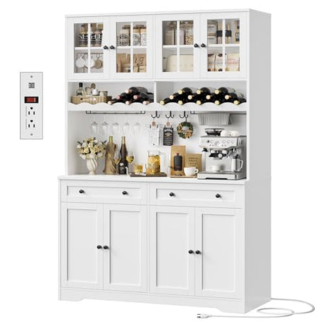 HOSTACK 75.4" Tall Kitchen Pantry Cabinet with Charging Station, Modern White Kitchen Hutch with Microwave Stand and Wine Racks, Large Food Pantry Storage Cabinet with Glass Doors and Drawers, White HOSTACK