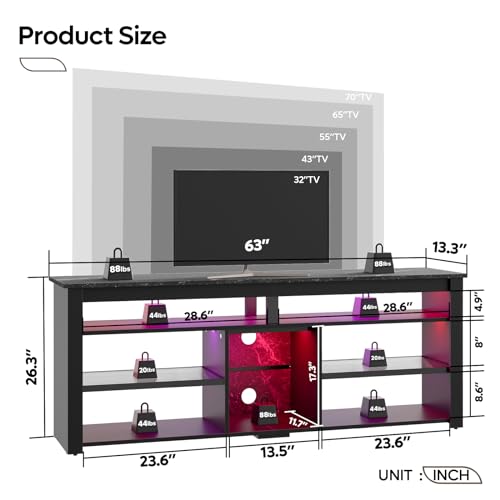 Bestier TV Stand for 65/70 inch TV, Tall Entertainment Center with 2 Led Lights, Gaming TV Console with Storage for PS5, Modern TV Cabinet for Bedroom, Living Room, Black Marble Bestier