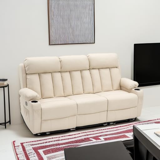 MCombo Power Reclining Sofa with Heat and Vibration,USB Ports, Cup Holders,3-Seat Dual Recliner Sofa for Living Room 6077(Cream White, Reclining Sofa) MCombo
