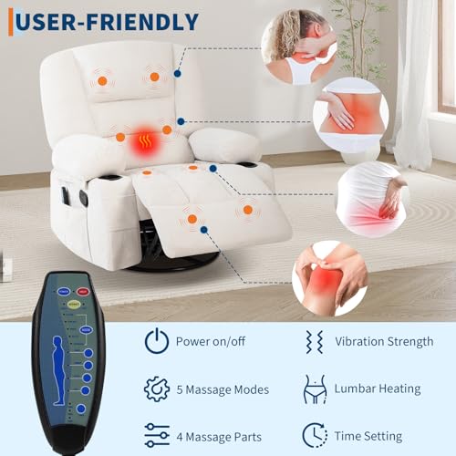 Oversized Wide Recliner Chair with Vibration Massage and Heat, 360° Swivel Recliner Glider for Adults,Chenille Fabric Manual Reclining Single Sofa with Cup Holders & Side Pockets for Living Room,White