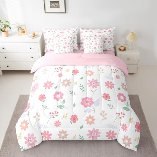Feelyou Cute Flower 7 Piece Bedding Set Fresh Flower Floral Comforter Set with Sheets for Kids Boys Girls Nature Plants Bed in a Bag Pink Green Bed Set Soft Lightweight Feelyou