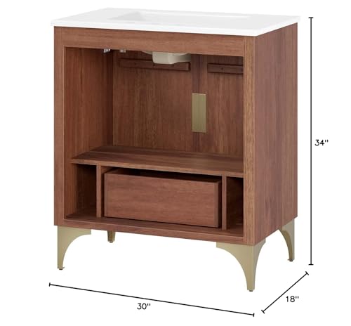 Modway Daylight Bathroom Vanity Cabinet with Ceramic Sink Basin, 30 Inch, White Walnut Modway