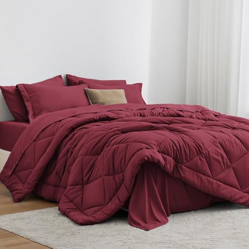 Love's cabin Twin Comforter Set Burgundy, 5 Pieces Twin Bed in a Bag, All Season Bedding Sets with 1 Comforter, 1 Flat Sheet, 1 Fitted Sheet, 1 Pillowcase and 1 Pillow Sham Love's cabin