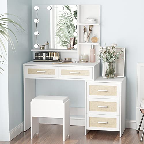 Maupvit Rattan Vanity Desk with Mirror and Lights, Boho Makeup Vanity Table Set with Nightstand, 5 Drawers & 10 Bulbs, Metal Silver Handle, 3 Open Shelves, Dressing Table with Cushioned Stool (White) Maupvit