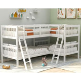 jurmiture L Shaped Quad Bunk Bed, Twin Over Twin Wood Bunk Frame for 4 with Ladder and Guardrails, White jurmiture