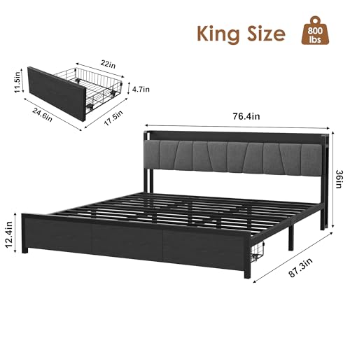 GarveeHome King Size Bed Frame with Storage Headboard, Black King Platform Bed with 2 Large Drawers and Charging Station, Industrial No Box Spring Needed Bedframe GarveeHome