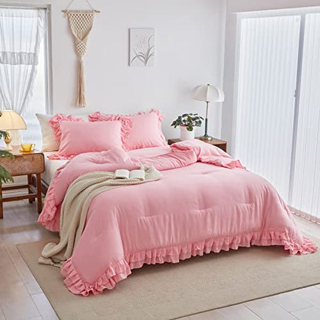 Pink Ruffled Comforter Set Twin Size, 3 Pieces (1 Ruffled Comforter and 2 Pillowcases) Farmhouse Shabby Chic Style with 2 Layers Ruffle, Solid Color Lightweight Soft Fluffy Bedding Sets for Girls Flysheep