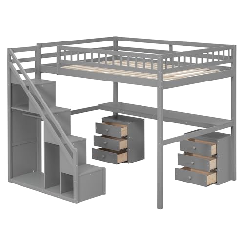Bellemave Full Loft Bed with Stairs and Shelves, Wood Loft Bed with Two Chest of Drawers, Wardrobe, LED for Kids, Teens, Adults, Gray Bellemave