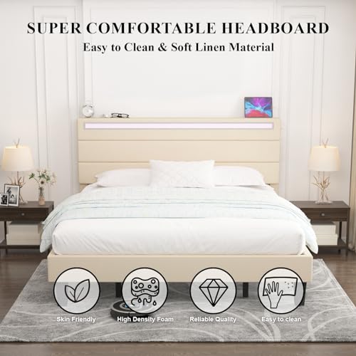 Benevika King Size Upholstered LED Bed Frame with Integrated USB Ports and Sturdy Wooden Slats - Beige Benevika