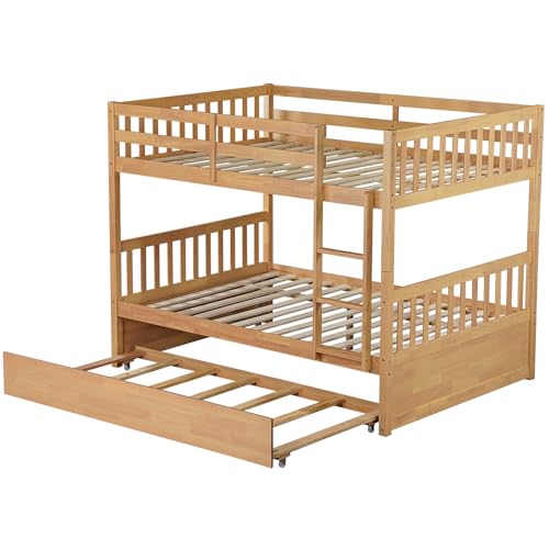 Repantes Full Over Full Bunk Bed with Trundle, Solid Rubberwood, High Weight Capacity, Converts to 2 Full Beds, with Safety Rails for Kids, Teens and Adults, Nature Repantes