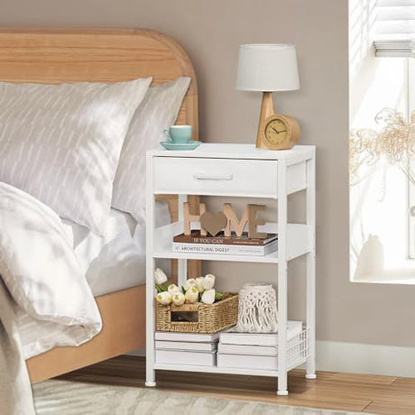 Lerliuo White Printer Stand with Fabric Drawer, 3 Tier Industrial Side Table, Modern Small Printer Desk Holder with Storage Shelf,Multi-Functional Bedside Tables for Home Office Fax Machine Scanner Lerliuo