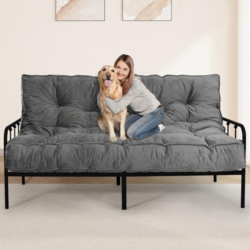 Bliss Homey 8" Futon Mattress Full Size 54" x 80", Extra Thick Floor Futon Mattress Comfy Sleeping Mat, Foldable Velvet Futon Sofa Bed for Camping, Guest, Dorm, Drak Gray(Frame Not Included) Bliss Homey