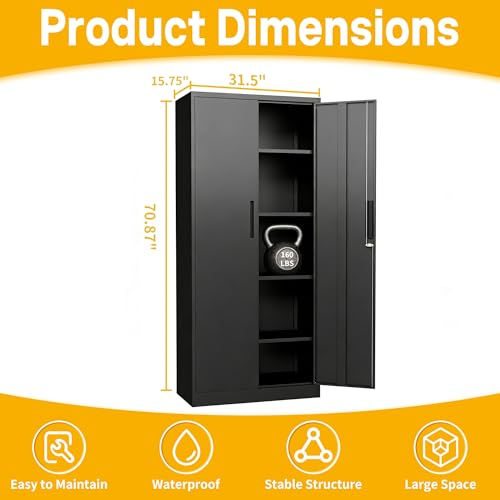 Reegangfa Metal Storage Cabinet with 2 Doors and 4 Adjustable Shelves, 71" Garage Storage Cabinet with Anti-Tipping Design, Lockable Garage Cabinets for Office, Home, Garage, Gym, School Reegangfa