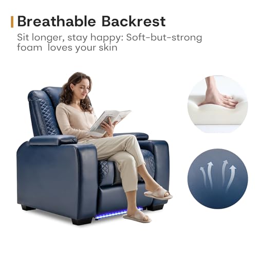 ANJ Power Home Theater Seating, PU Leather Electric Recliner Chair with Adjustable Headrest, Dual Motors Movie Reclining Chairs with LED Lights,USB Port, Cup Holders, Hidden Arm Storage (Blue & Black)