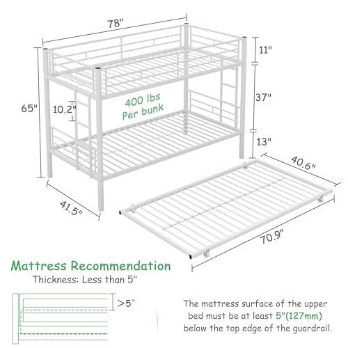 VECELO Twin Over Twin Bunk Bed with Trundle, Convertible Metal Bunkbeds with 2 Ladders and Guardrails, Space Saving, No Box Spring, White VECELO
