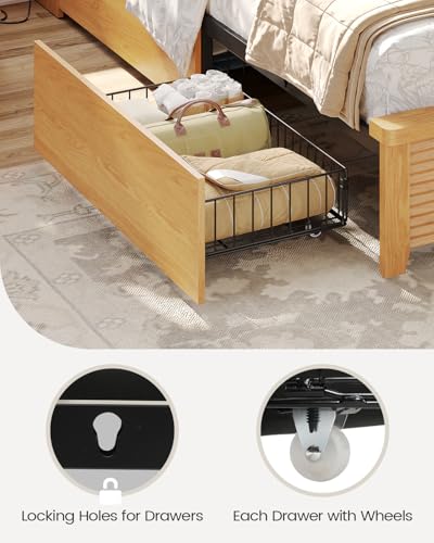VIAGDO Wood Bed Frame Queen Size with 4 Storage Drawers & Bookcase Headboard, Led Wooden Queen Bed Frame with Charging Station,No Box Spring Needed,Wood VIAGDO