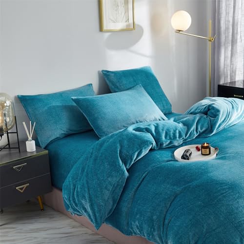 YASMENG Fluffy Velvet Duvet Cover Set Turquoise Blue Queen Size Fall Winter Soft Warm Flannel Comforter Cover Aqua 90" x 90" Luxury Cozy Plush Fleece Full Reversible Bedding Duvet Cover Set 3pcs YASMENG