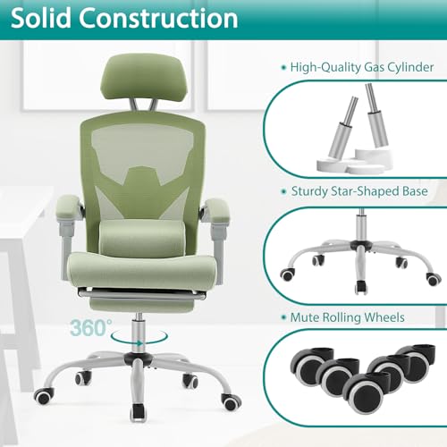 DUMOS Office Desk Chair with Footrest Ergonomic Gaming Chair for Adults Computer Mesh, Lumbar Support,Swivel Reclining with Headrest, Comfy Armrest for Home, Office, Work, Study, Light Green DUMOS