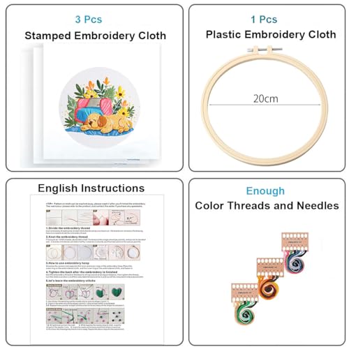 Konrisa 3 pcs Dog Flower Embroidery Kits for Beginners, Needlepoint Cross Stitch Kits with Pattern, DIY Sewing Practice Kit, Include 1pcs Hoop