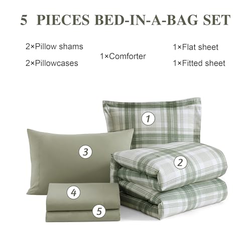 AMBERSPACE Twin XL Comforter Set, Green Plaid Bedding Set 5 Piece for Boys Girls Teen, Classic Homestead-Style Kids Comforter Set Bed in A Bag with Sheets, Pillowcase & Sham AMBERSPACE