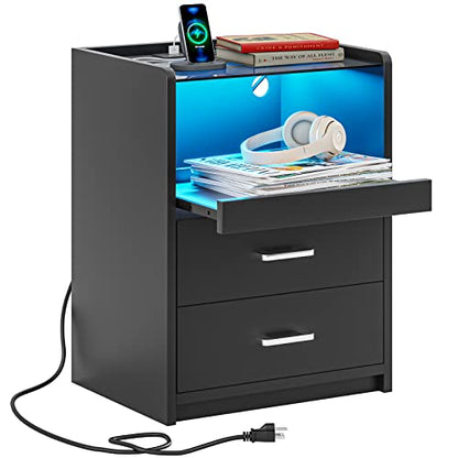 VIAGDO Nightstand with Charging Station and LED Lights, Black Night Stand with Glass Top and Storage Drawers, End Side Tables with Pull-Out Tray and USB Ports, Modern Bedside Tables for Bedro - WoodArtSupply