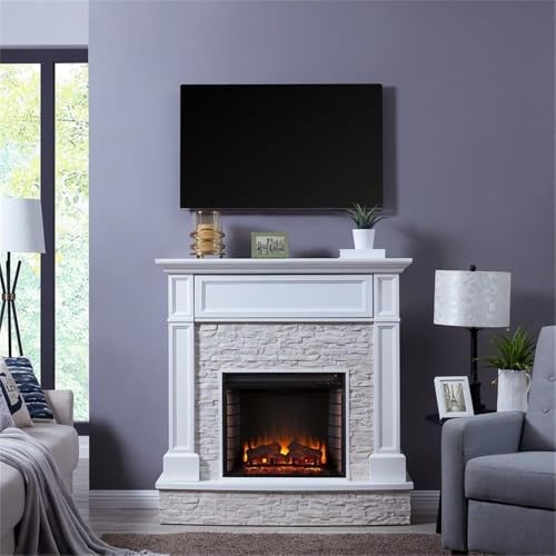 Bowery Hill Faux Stone Electric Fireplace TV Stand in White Finish BOWERY HILL