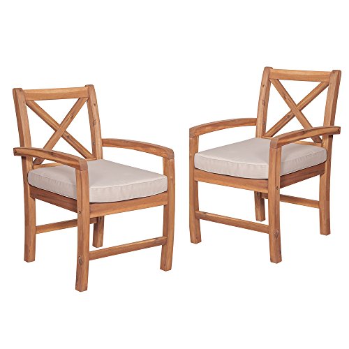 Walker Edison Delray Classic Acacia Wood X Back Patio Chairs with Cushions, Set of 2, Brown Walker Edison