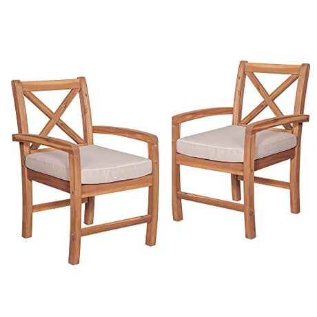 Walker Edison Delray Classic Acacia Wood X Back Patio Chairs with Cushions, Set of 2, Brown Walker Edison