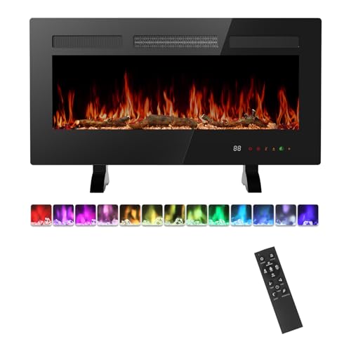 36" Electric Fireplace Insert, 1500W Wall Mounted & Recessed Fireplace Heater with Remote & Touch Screen, Adjustable Flame Color & Brightness, 12H Timer, Low Noise Electric Fireplace for Indoor Use Aidoly