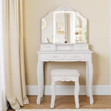 HVCBOSS 3-in-1 Makeup Vanity Desk with Tri-Fold LED Mirror, Charging Station (2 AC + 2 USB), 4 Drawers + Open Shelf, Small Vanity Table with Stool for Bedroom/Dorm HVCBOSS
