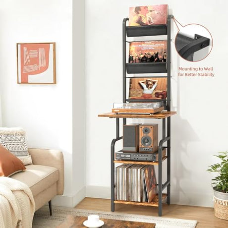 Record Player Stand with Vinyl Storage, Record Player Table with Vinyl Record Storage up to 250 Albums, Turntable Stand with Record Holder Display Shelf, Record Player Cabinet Organizer Rack Tewinko