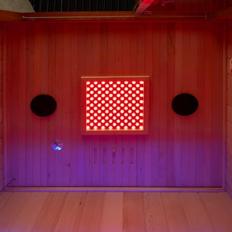 Woodbridge Infrared Home Sauna Room 2 Person Japanese Cedar Indoor Sauna with 7 Carbon Heaters, Red Light Therapy, Bluetooth Speaker, Intelligent Control Panel, Tempered Glass & Top Vent WOODBRIDGE