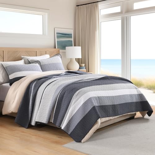 DUOHONG 100% Cotton Quilt Set King Size, King Quilt Bedding Set, Striped Pattern Quilt Bedspread for King Bed, Modern Minimalist Bed Spread Lightweight Comforter, 3Pcs, Charcoal-Blue/Gray/White DUOHONG