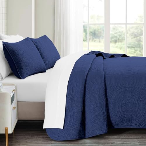 akkialla Queen Quilt Bedding Set,Navy Blue Ultrasonic Full/Queen Quilt Set,Lightweight Soft Bedspread Coverlet,Modern Style Coin Pattern Bed Cover for All Seasons,3 Piece(1 Quilt,2 Pillow Shams) akkialla
