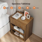 Nightstand Bedside Table Storage Drawer - Large Mid Century Modern Night Stand with Fluted Wood Storage Drawer and Open Shelf Bed Side Table for Bedroom Study Room, Walnut Brown, Set of 1 Lazzanto