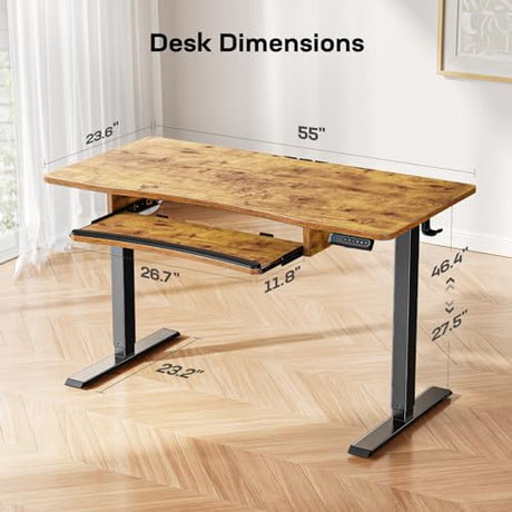 HUANUO 55" x 24" Electric Standing Desk with Large Keyboard Tray(26.7"), Adjustable Height Stand Up Desk for Home Office, 4 Memory Height Settings, 2 Headphone Hooks, Computer Workstation, Vintage HUANUO