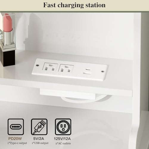 Ieejdn Makeup Vanity Desk with Mirror and Lights, Vanity Desk with 8 Drawers & Storage Shelves, Vanity Table with Power Outlet, 3 Color Modes & Adjustable Brightness Dressing Table, Bedroom,White Ieejdn