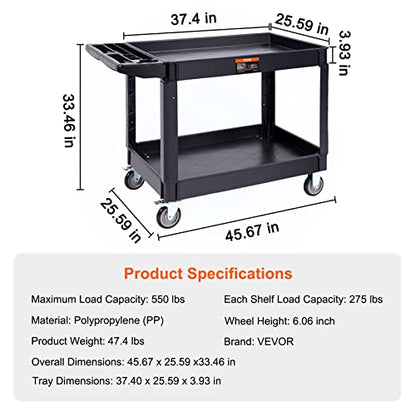 VEVOR Utility Service Cart, 2 Shelf 550LBS Heavy Duty Plastic Rolling Utility Cart with 360° Swivel Wheels (2 with Brakes), Large Lipped Shelf, - WoodArtSupply