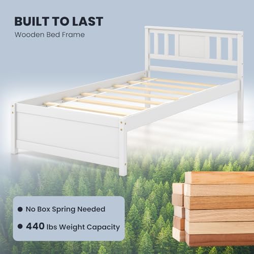 Giantex Wood Twin Bed Frames with Headboard, Mid Century Solid Wood Platform Bed with Wood Slat Support, Single Panel Bed, No Box Spring Needed, Twin Bed Frames for Kids, White Giantex