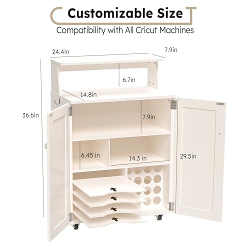 𝐂𝐫𝐚𝐟𝐢𝐭 Craft Cart Storage Cabinet Compatible with Cricut Machine, Rolling Crafting Table Furniture with Vinyl Roll Holder Organizer Desk Workstation for Craft Room Home Organization, Ivory