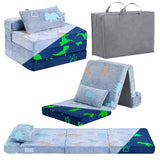 Foldable Floor Mattress with Pillow for Kids, Glow in The Dark Blue Dinosaur Toddler Washable Folding Floor Mat for Daycare, Child Trifold Futon Sofa Bed with Storage Bag for Playroom Girls and Boys Givjoy