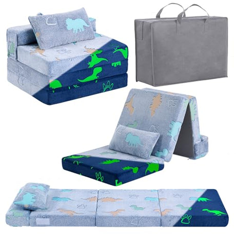 Foldable Floor Mattress with Pillow for Kids, Glow in The Dark Blue Dinosaur Toddler Washable Folding Floor Mat for Daycare, Child Trifold Futon Sofa Bed with Storage Bag for Playroom Girls and Boys Givjoy