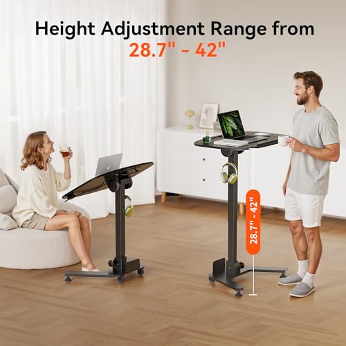 WALKINGDESK Foldable Pneumatic Height Adjustable Mobile Standing Desk with 90° Tiltable Tabletop, 27.2x18.9 Inch Portable Laptop Desk with Wheels, Holds Up to 66.1lbs for Home Office, Study, Black WALKINGDESK
