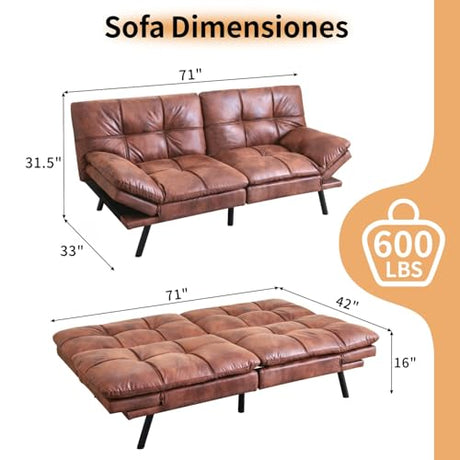MUUEGM 71" Convertible Futon Sofa Bed, Adjustable Backrest & Armrest Couch, Comfortable Sleeper Loveseat with Faux Leather, Ideal for Small Space Living Room, Apartment, Office, Brown MUUEGM