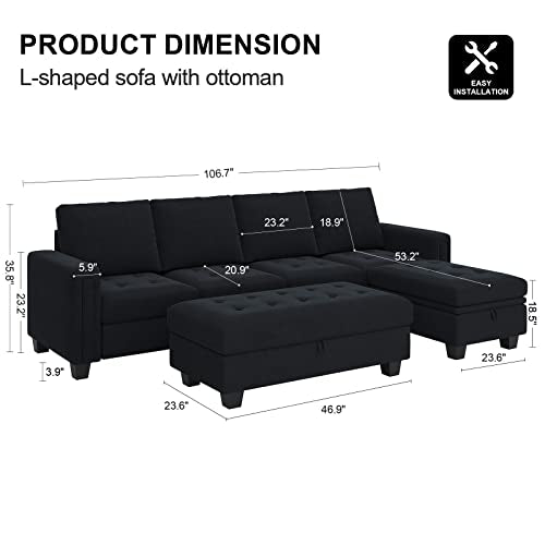 Belffin Velvet Convertible 4-Seat Sectional Sofa with Reversible Chaise L Shaped Sofa Couch Furniture Sets Sectional Couch with Storage Ottoman Black Belffin
