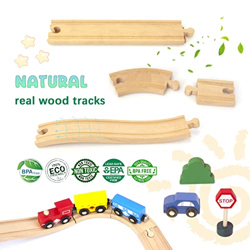 60Pcs Train Set for 3 Year Old Boys, Double-Side Wooden Train Set Tracks for Toddlers, Fits Brio, Thomas, Melissa and Doug, Kids Wood Train Toys for 3 4 5 Year Old Boys and Girls (Yellow) - WoodArtSupply